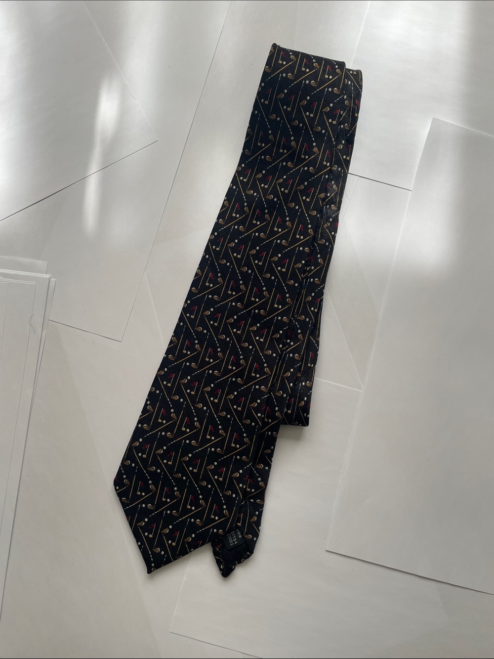 Classic Black Golf Patterned Men's Silk Tie - Black with Multicolor Accents